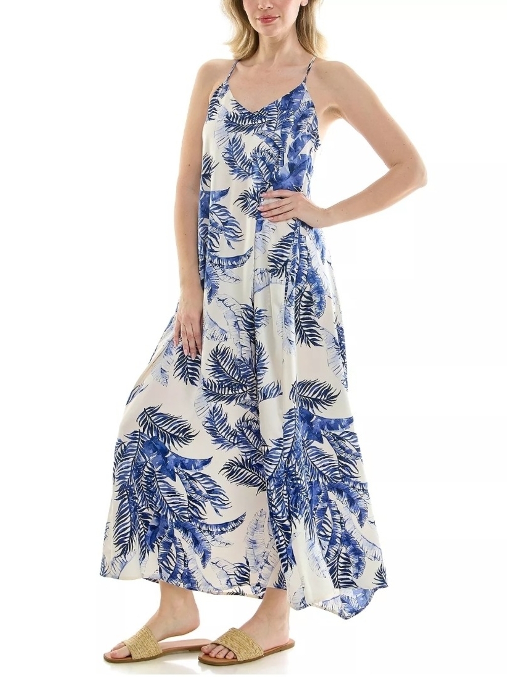Nicole Miller White Maxi Dress with Blue Palm Print